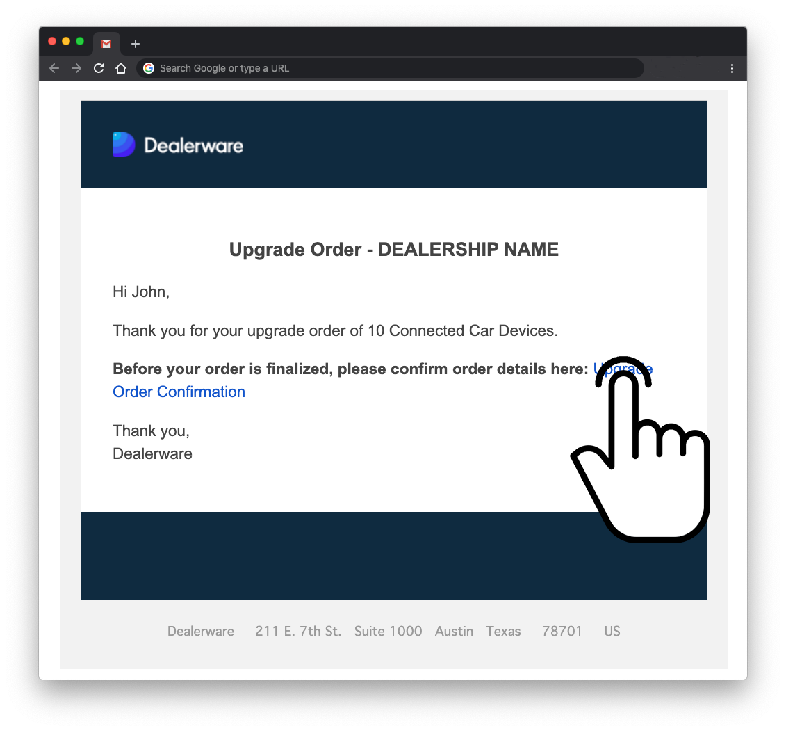 Image 3: Dealerware email confirmation of order placement, magnified for legibility