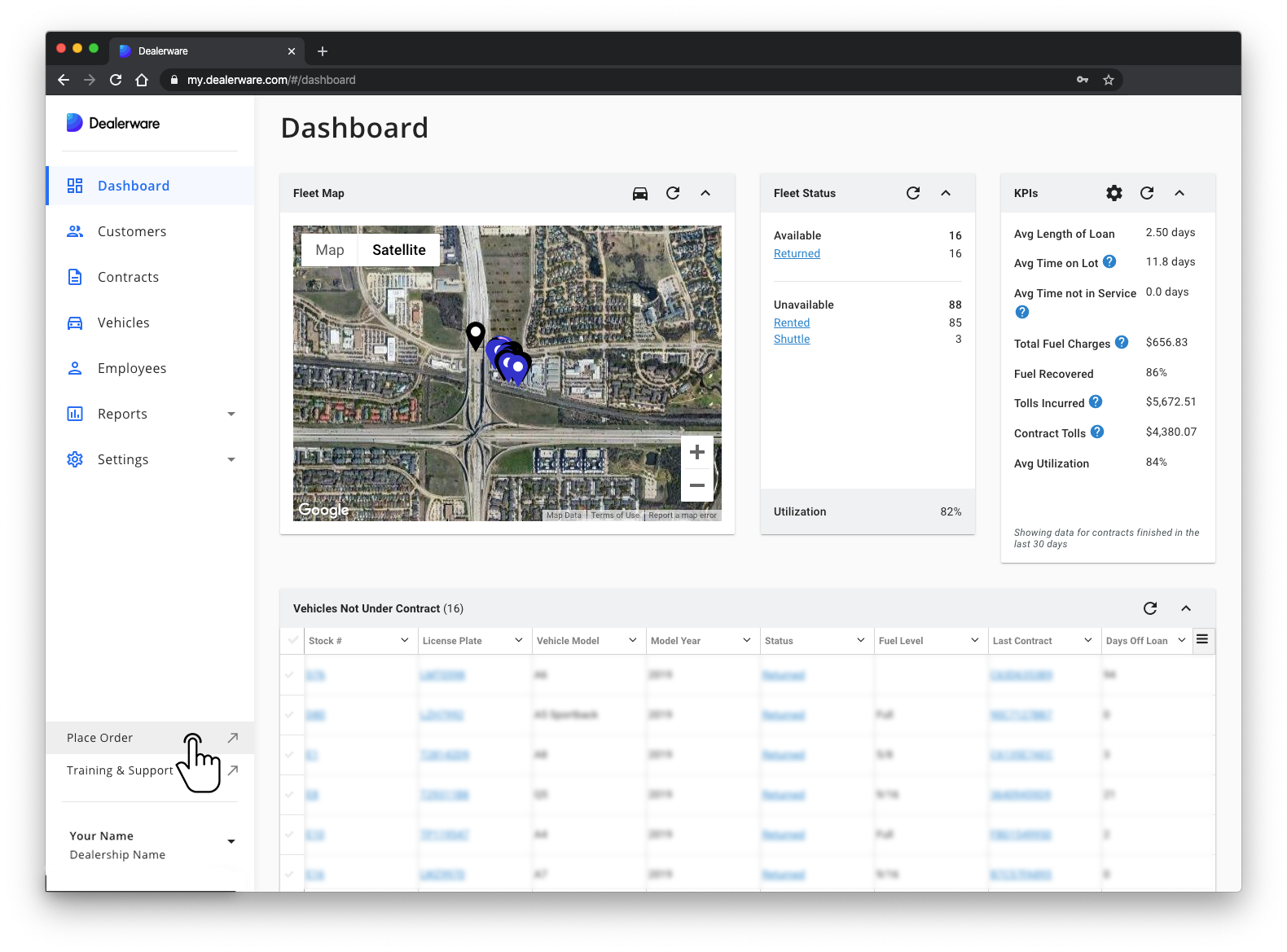 Image 1: Dealerware Dashboard screen and Main Menu, fingertap icon positioned over Place Order button
