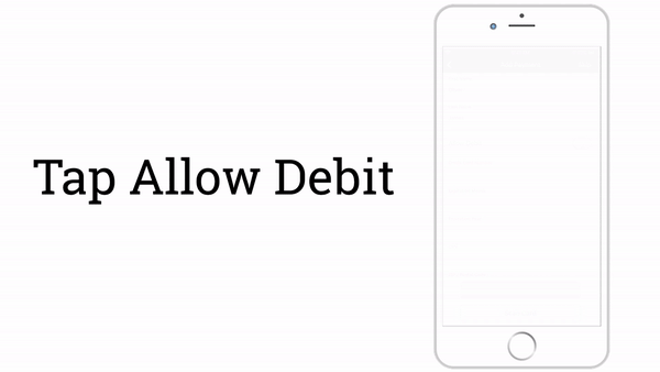 Animation: Dealerware Mobile Add Payment screen, fingertap icon demonstrating tapping the Allow Debit button