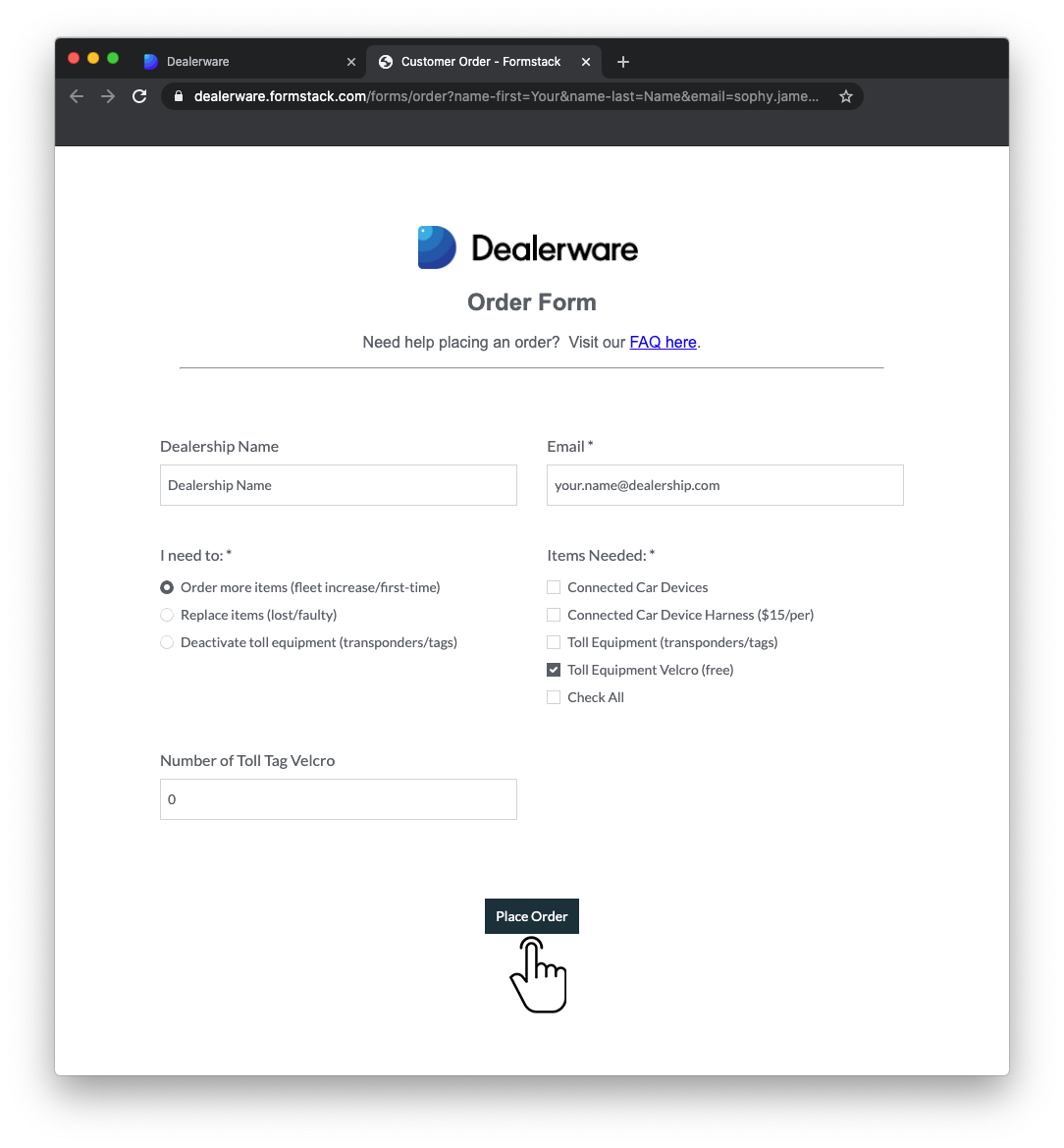 Image 2: Dealerware Order Form screen, fingertap icon positioned over Place Order button