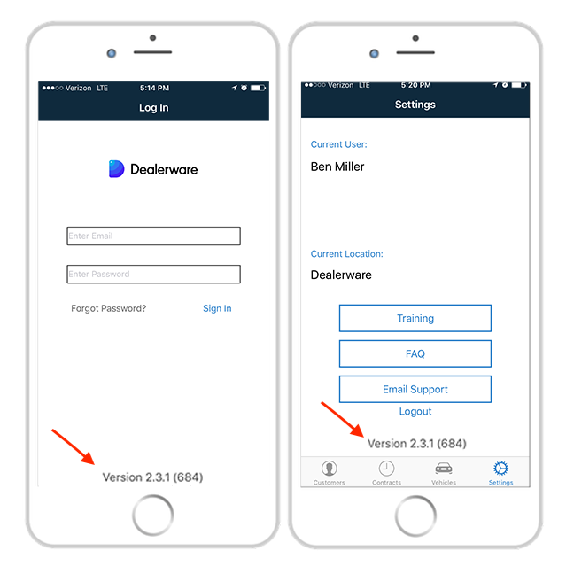 Image: Mobile device image 1 with arrow indicating Dealerware version number on Login screen, mobile device image 2 with arrow indicating version number on Settings page