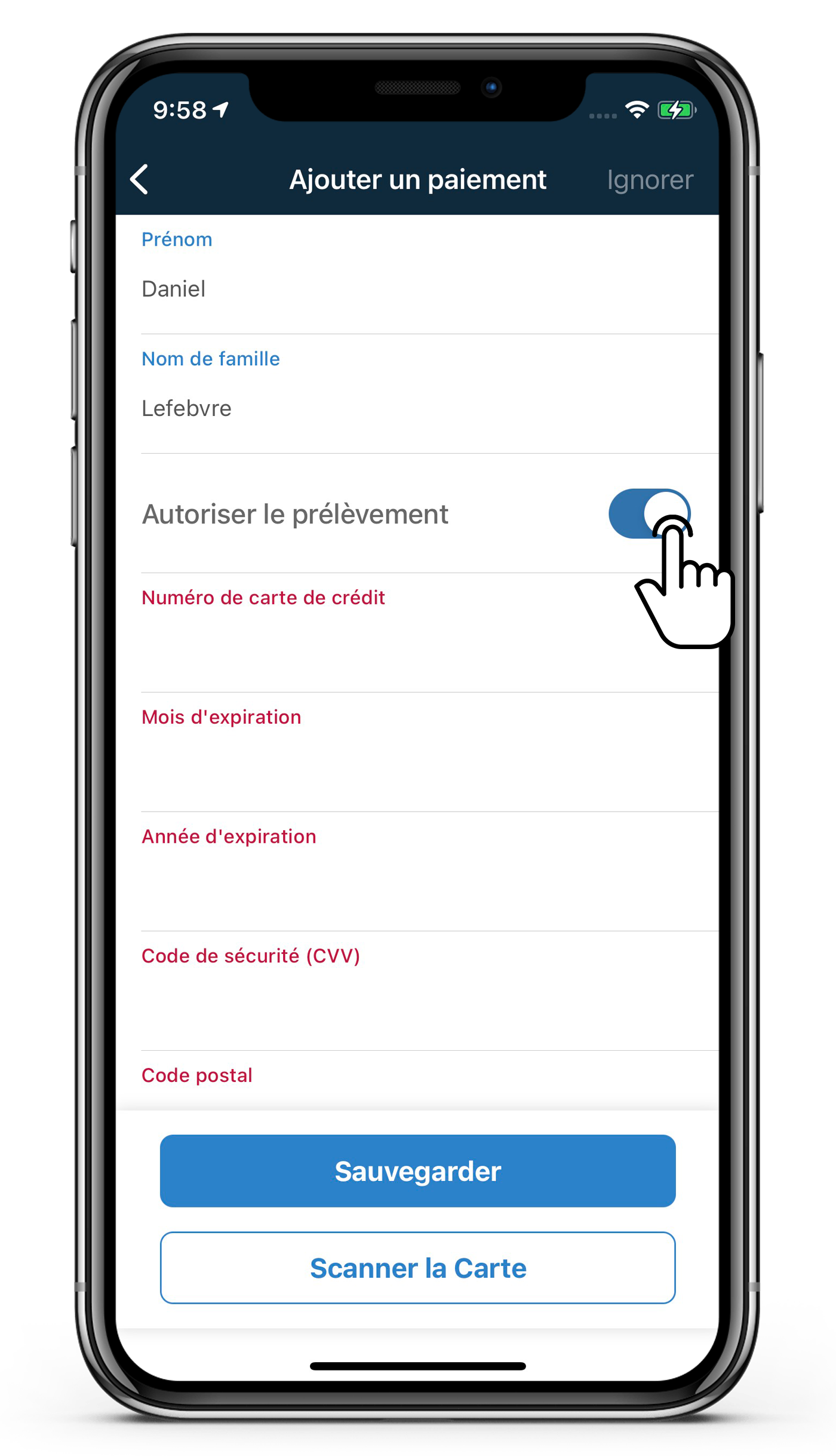 Animation : Écran Ajouter un paiement de Dealerware Mobile, icône du doigt démontrant que l'on appuie sur le bouton Autoriser le débit