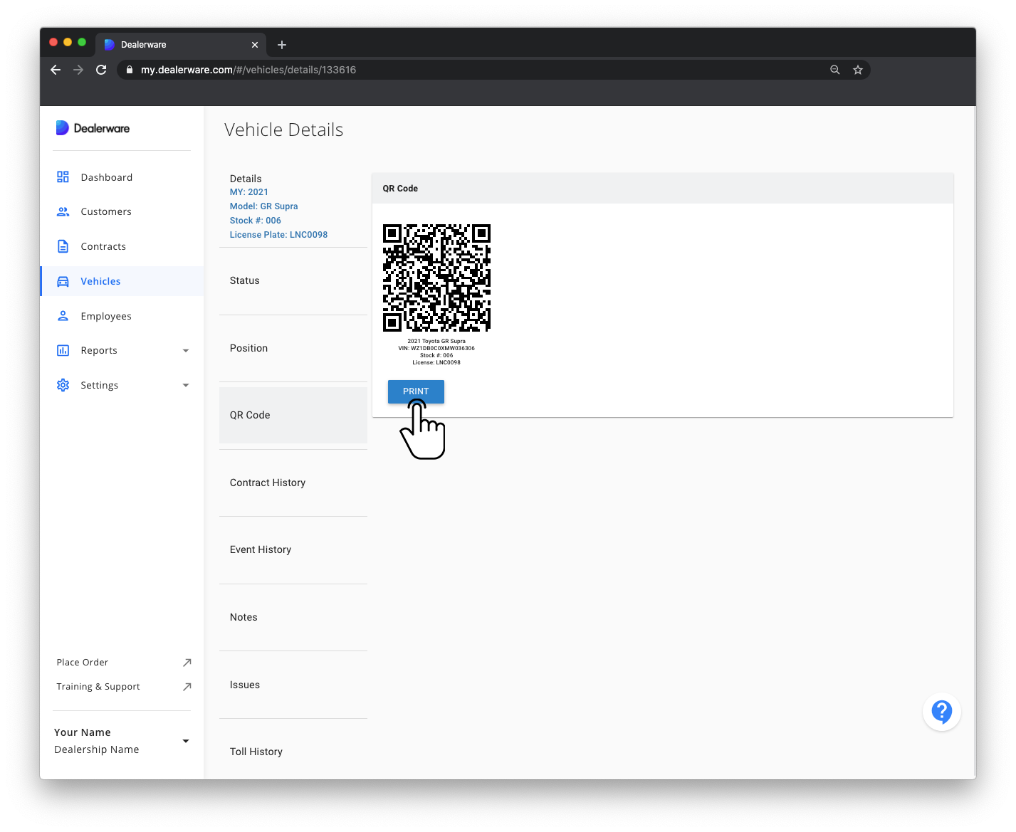 Image 2: Dealerware QR Code screen and Main Menu, fingertap icon positioned over Print button