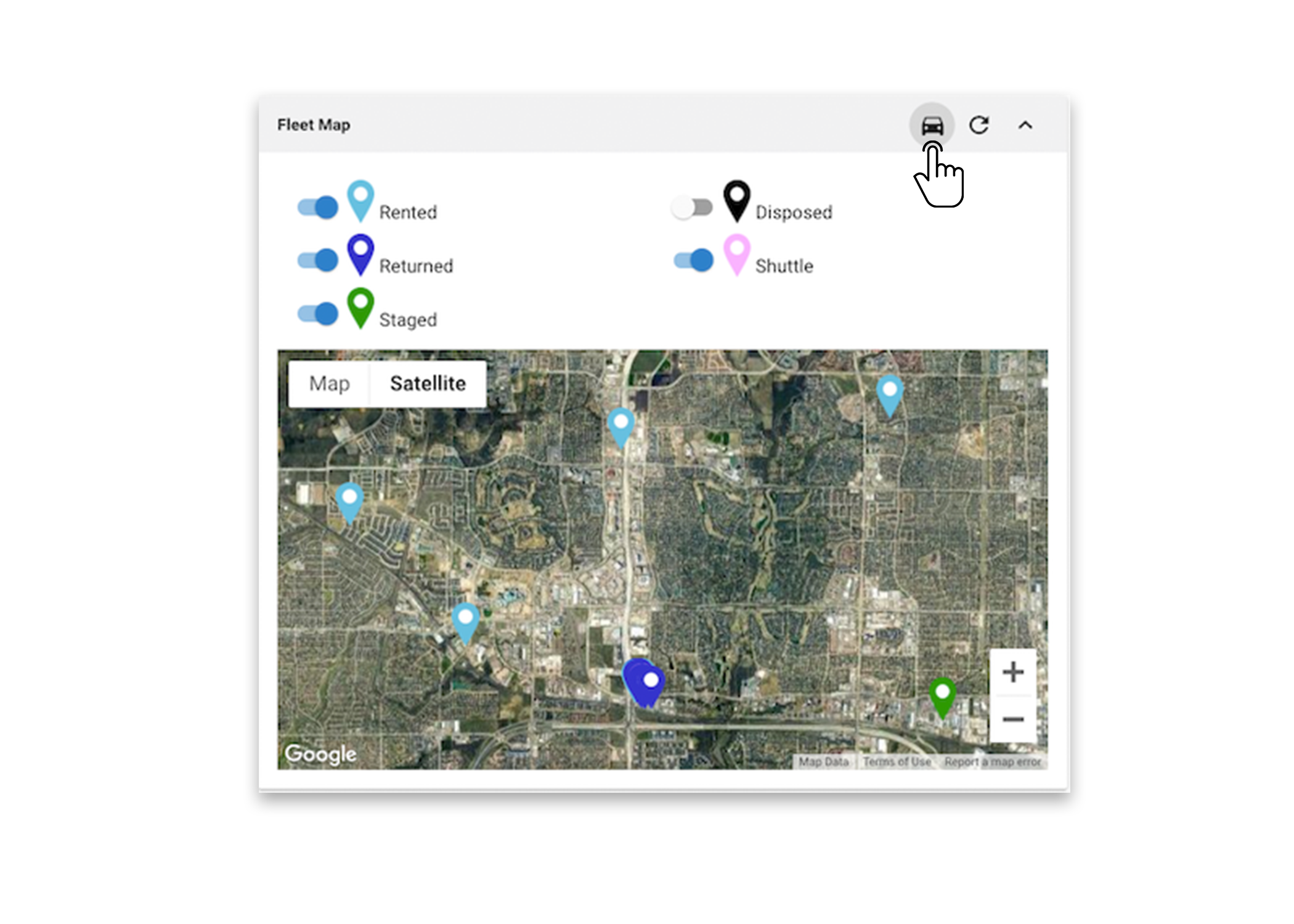 Image: Dealerware Fleet Map panel, satellite view with several pin icons indicating vehicle locations, map legend diplayed screen, fingertap icon indicating the car icon to display legend