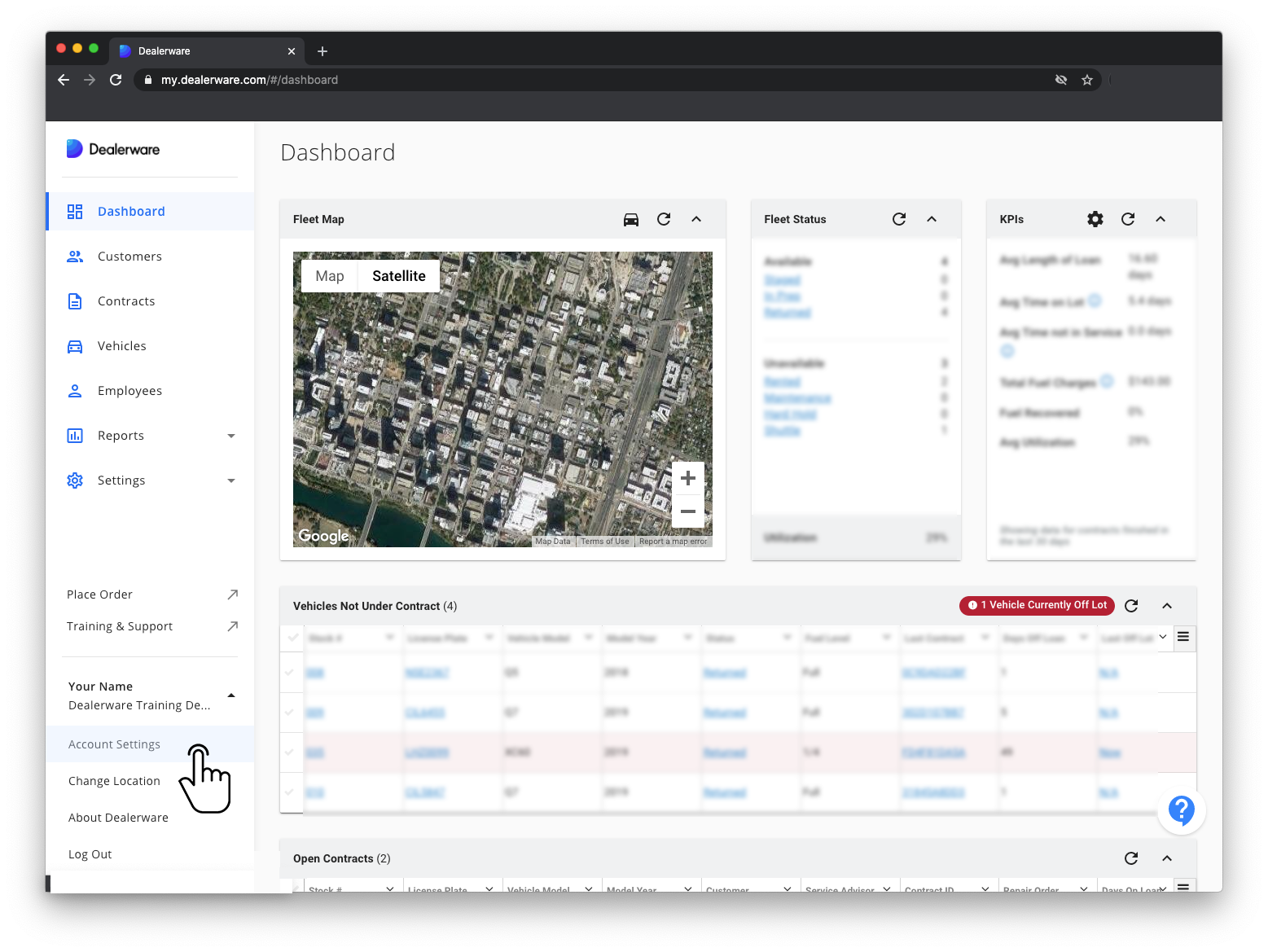 Image 3: Dealerware Dashboard and Main Menu, User Details drop-down, fingertap icon positioned over Account Settings option