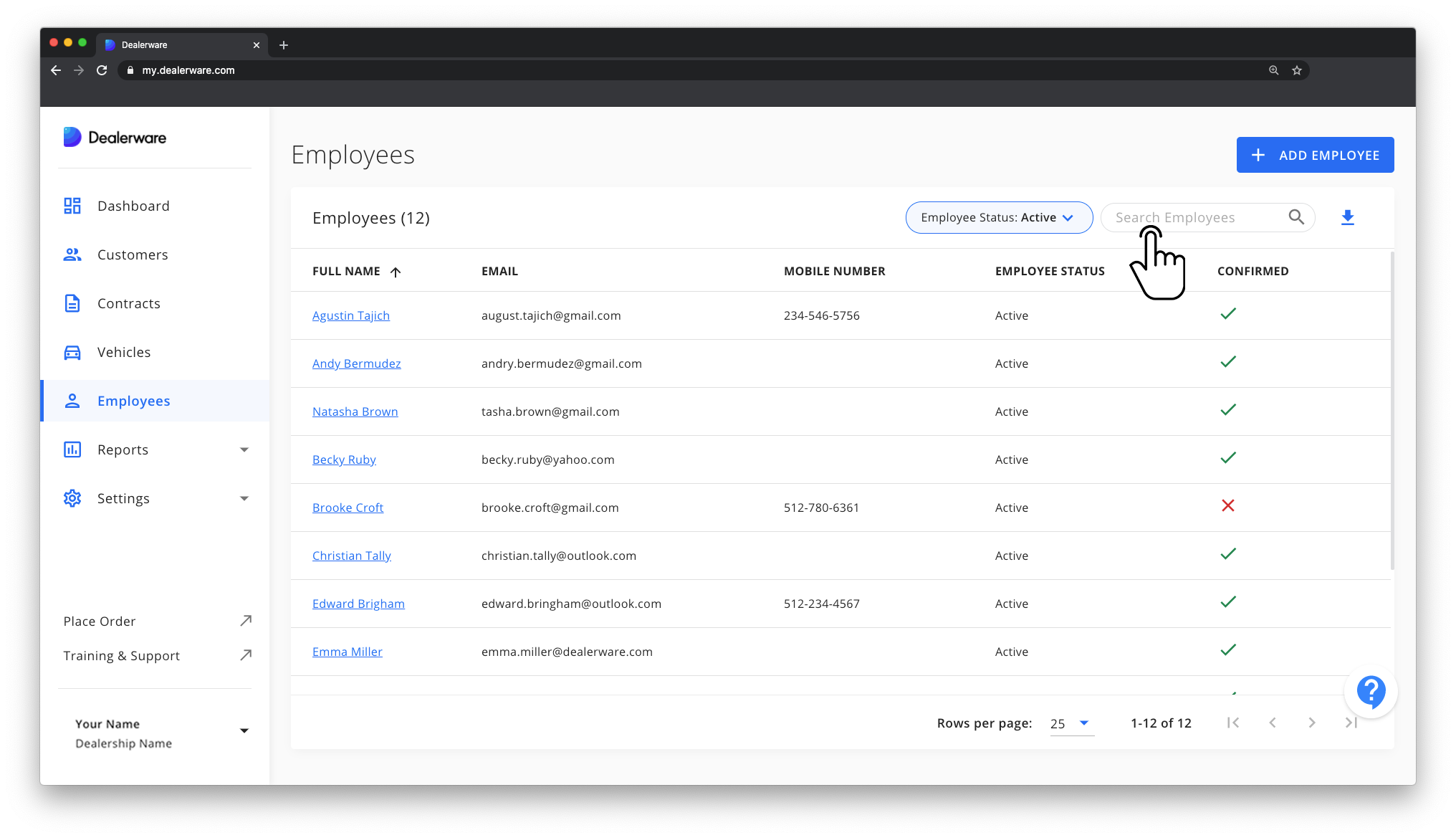 Image 1: Dealerware Employees screen, fingertap icon positioned over Search Employees field