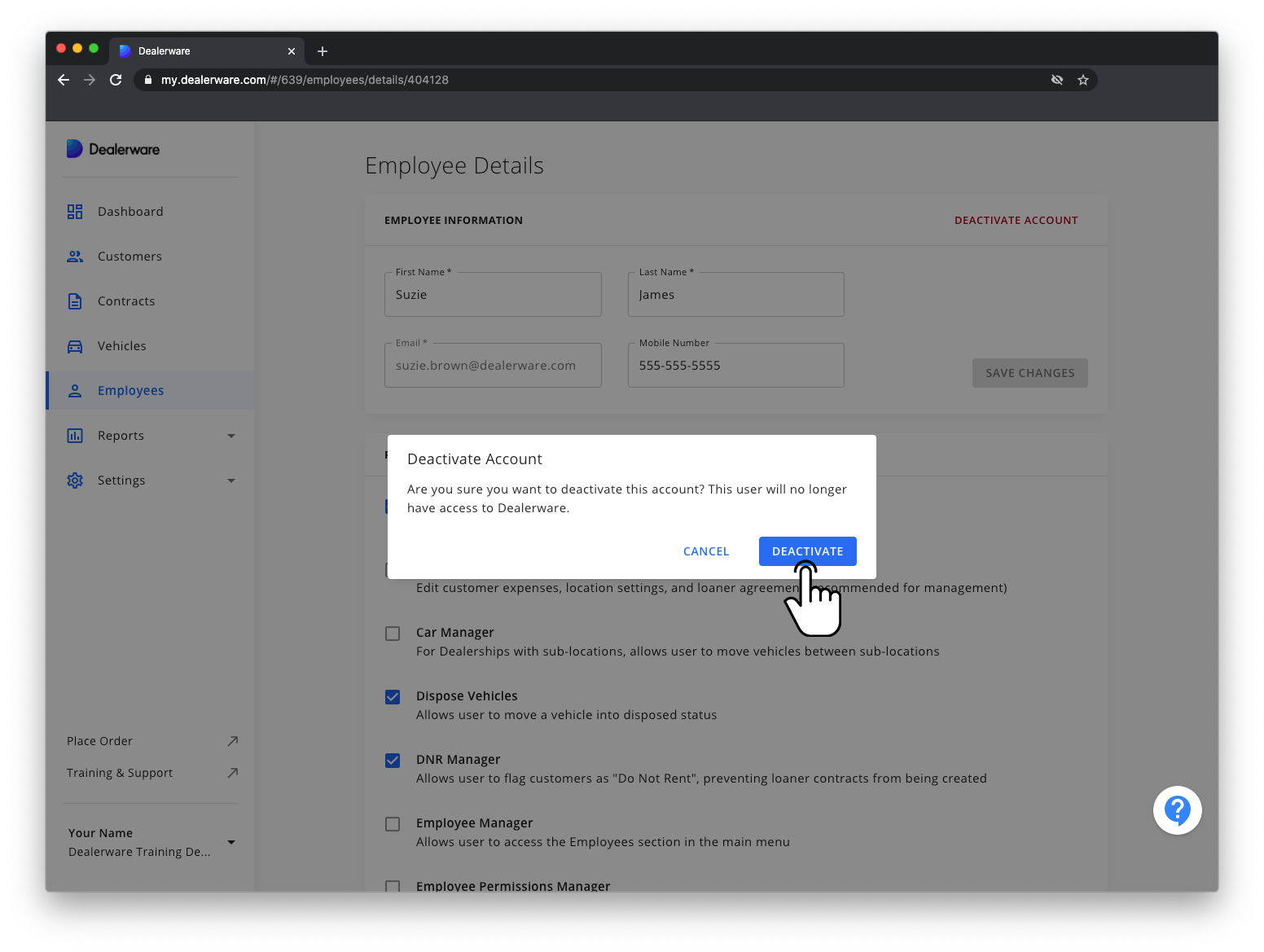 Image 2: Dealerware Employee Details screen and Main Menu, Deactivate Account pop-up, fingertap icon positioned over Deactivate button