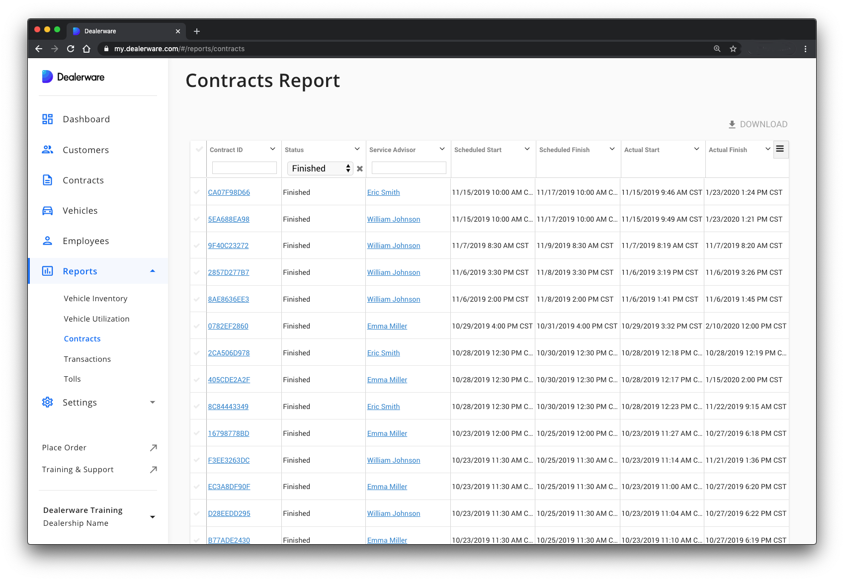 Image 2: Dealerware Contract Report screen, default view