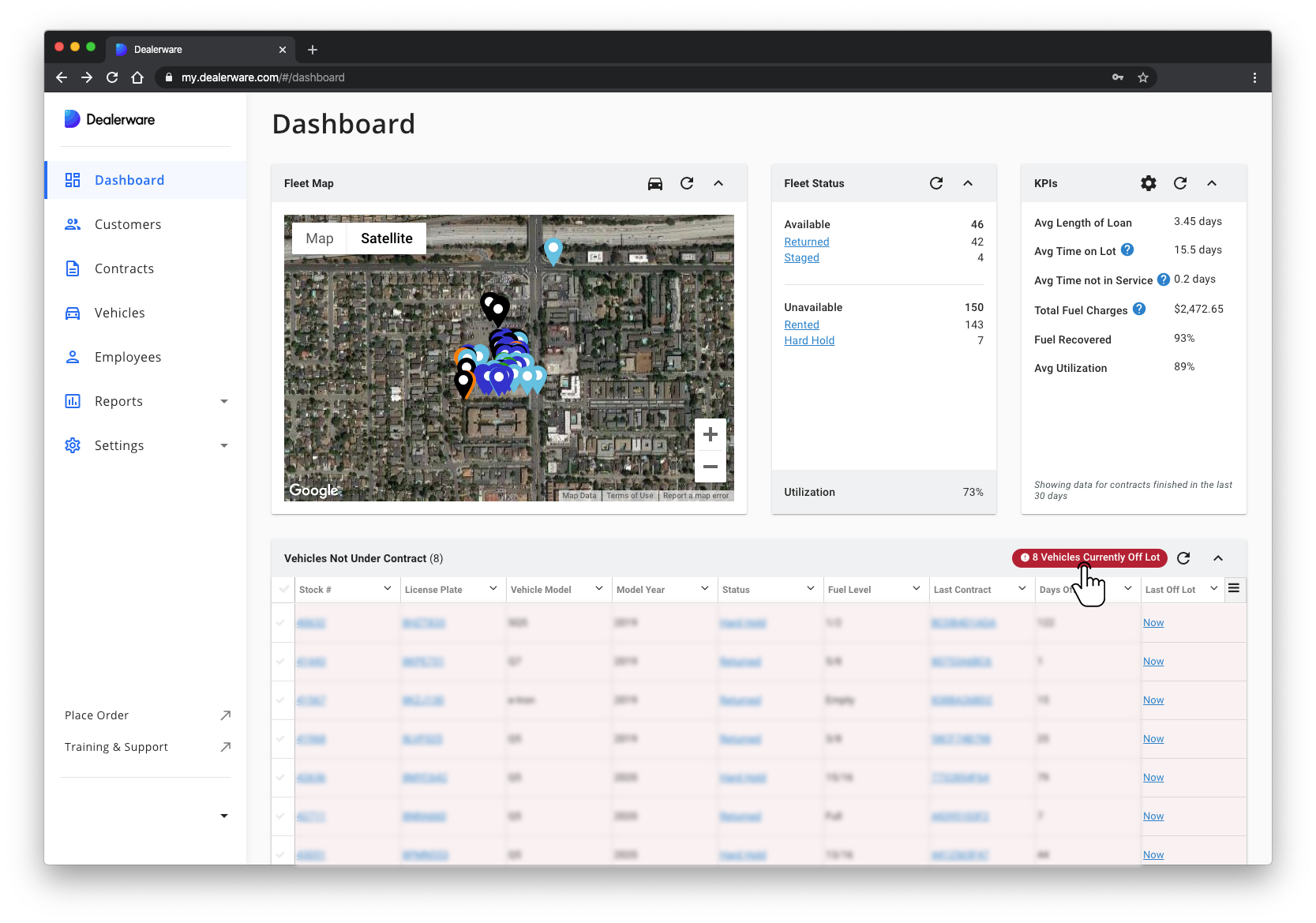 Image 2: Dealerware Dashboard and Main Menu, fingertap icon positioned over Vehicles Currently Off Lot button