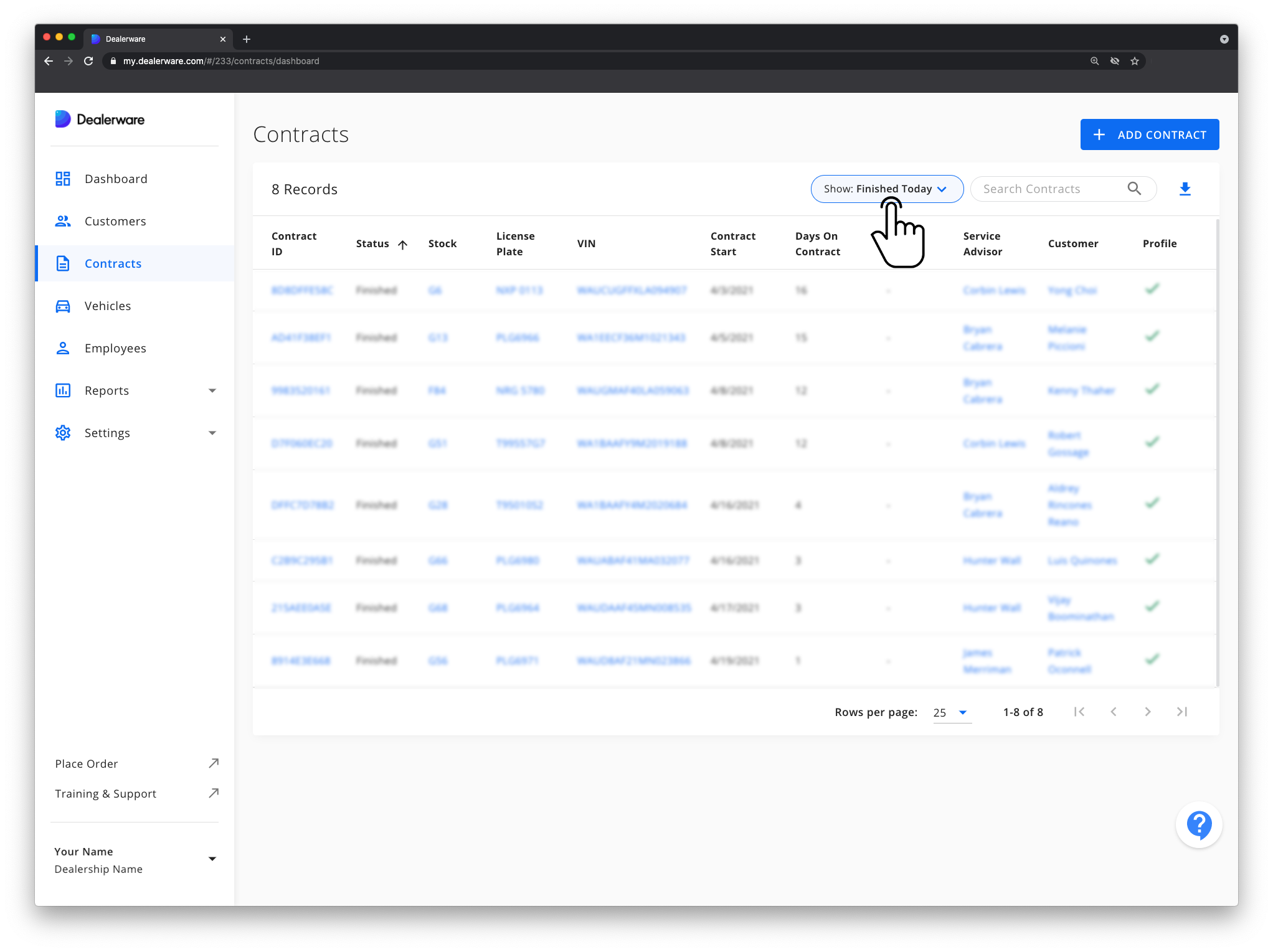 Image 3: Dealerware Contracts screen, fingertap icon positioned over Show Contracts drop-down