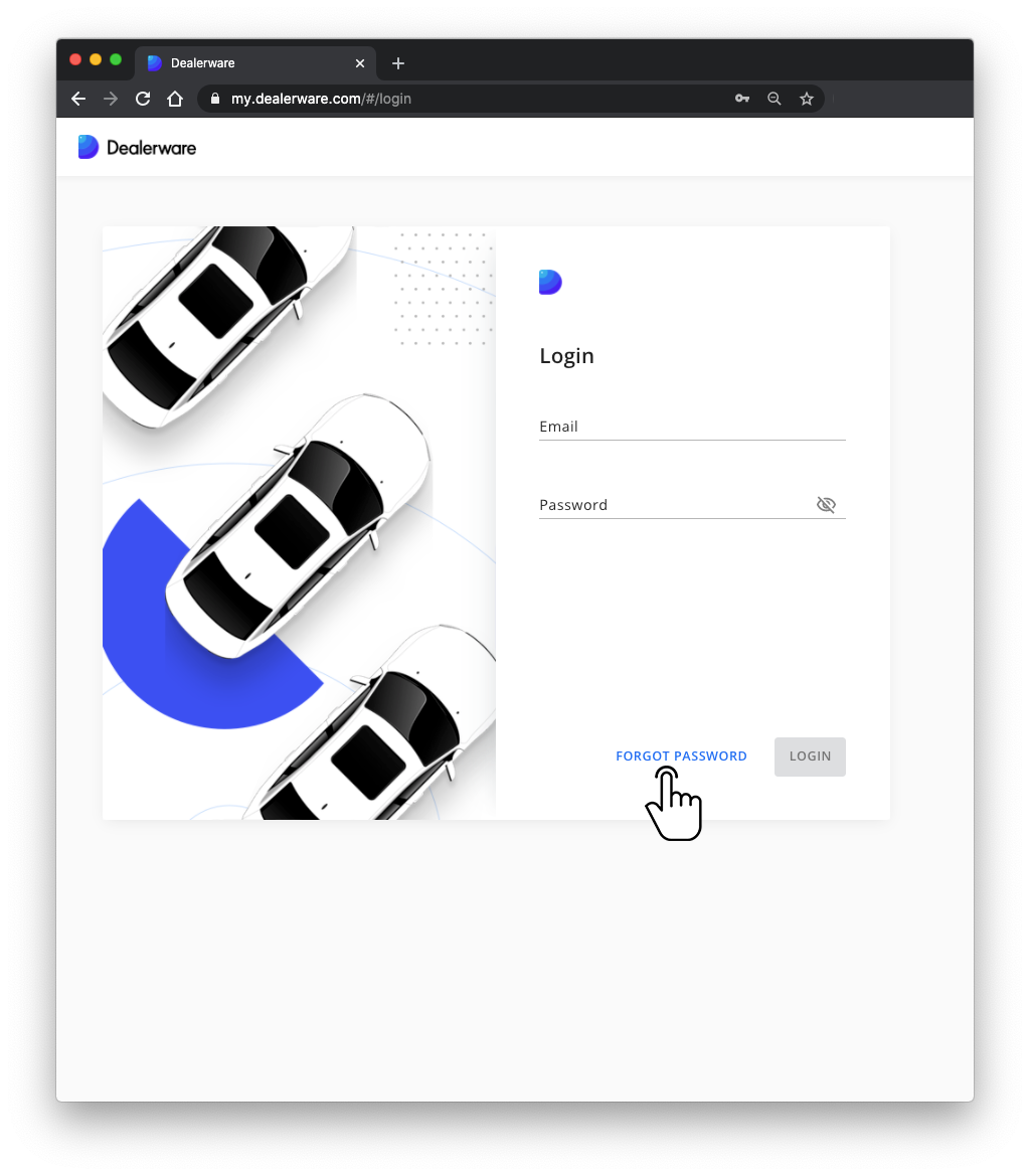 Image 1: Dealerware Login screen, fingertap icon positioned over Forgot Password button