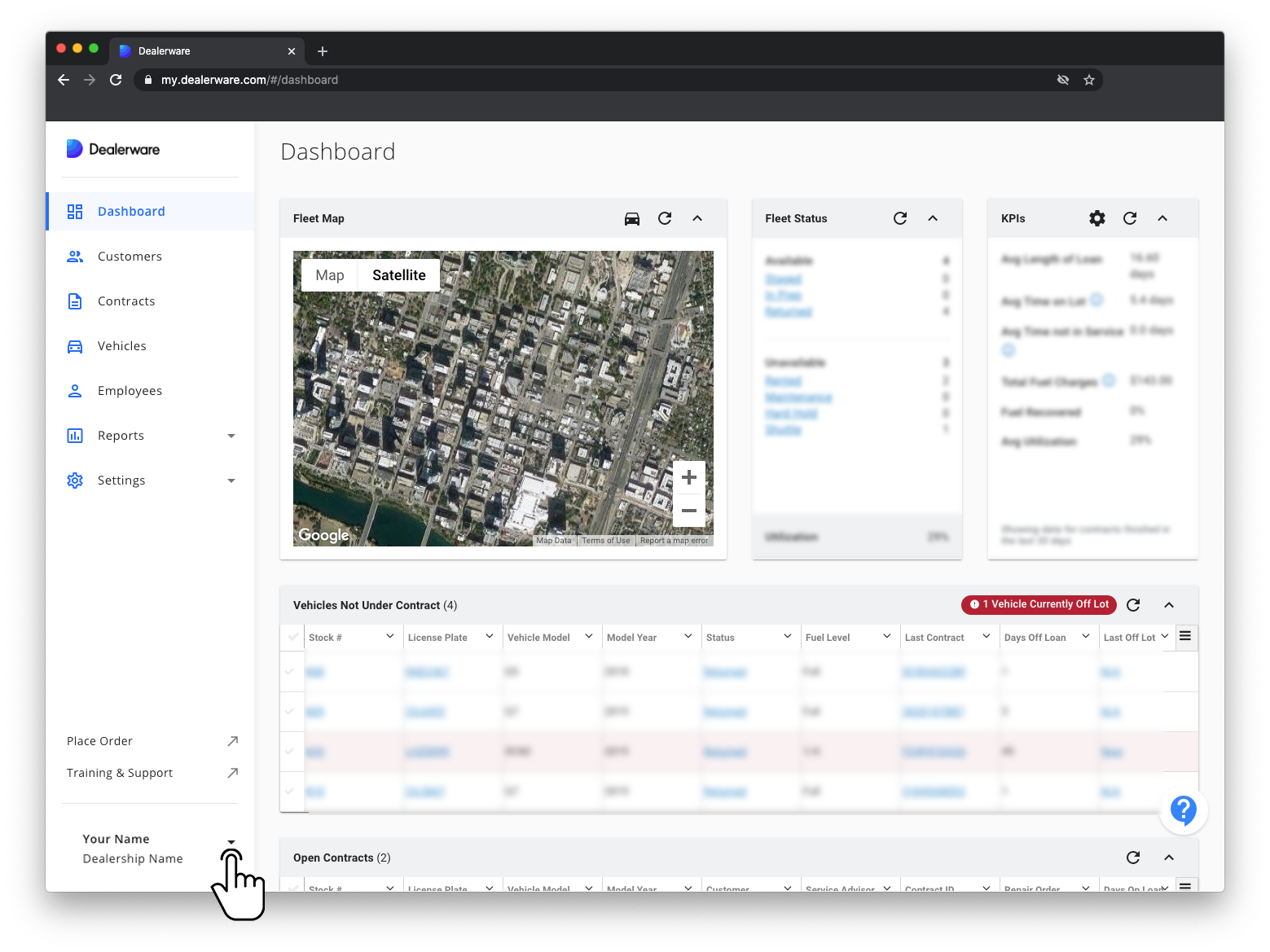 Image 2: Dealerware Dashboard and Main Menu, fingertap icon positioned over arrow to the right of user name and location