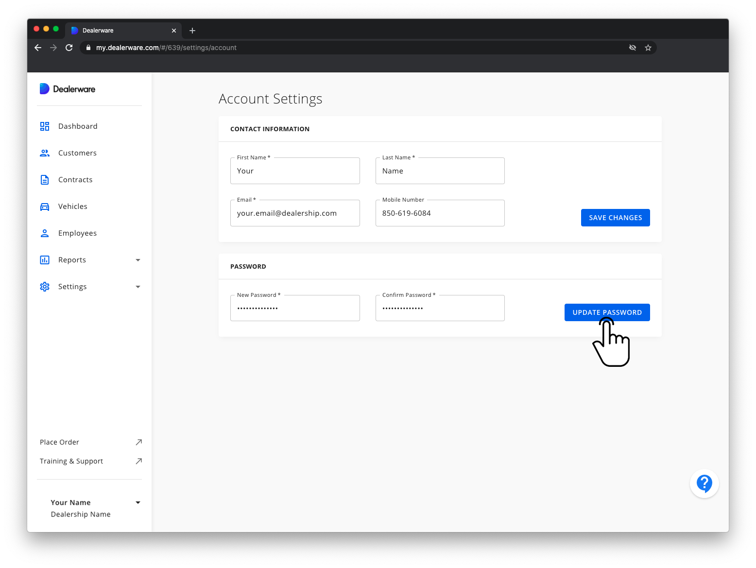 Image 4: Dealerware Account Settings screen and Main Menu, new password and confirm password information entered, fingertap icon positioned over Update Password button