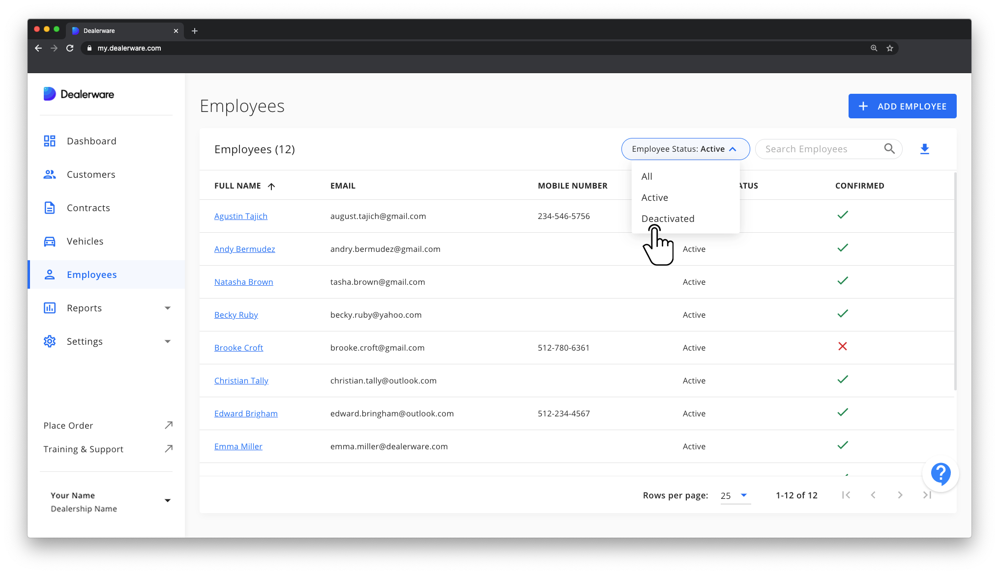 Image 2: Dealerware Employees screen and Main Menu, Employee Status drop-down, fingertap icon positioned over Deactivated option