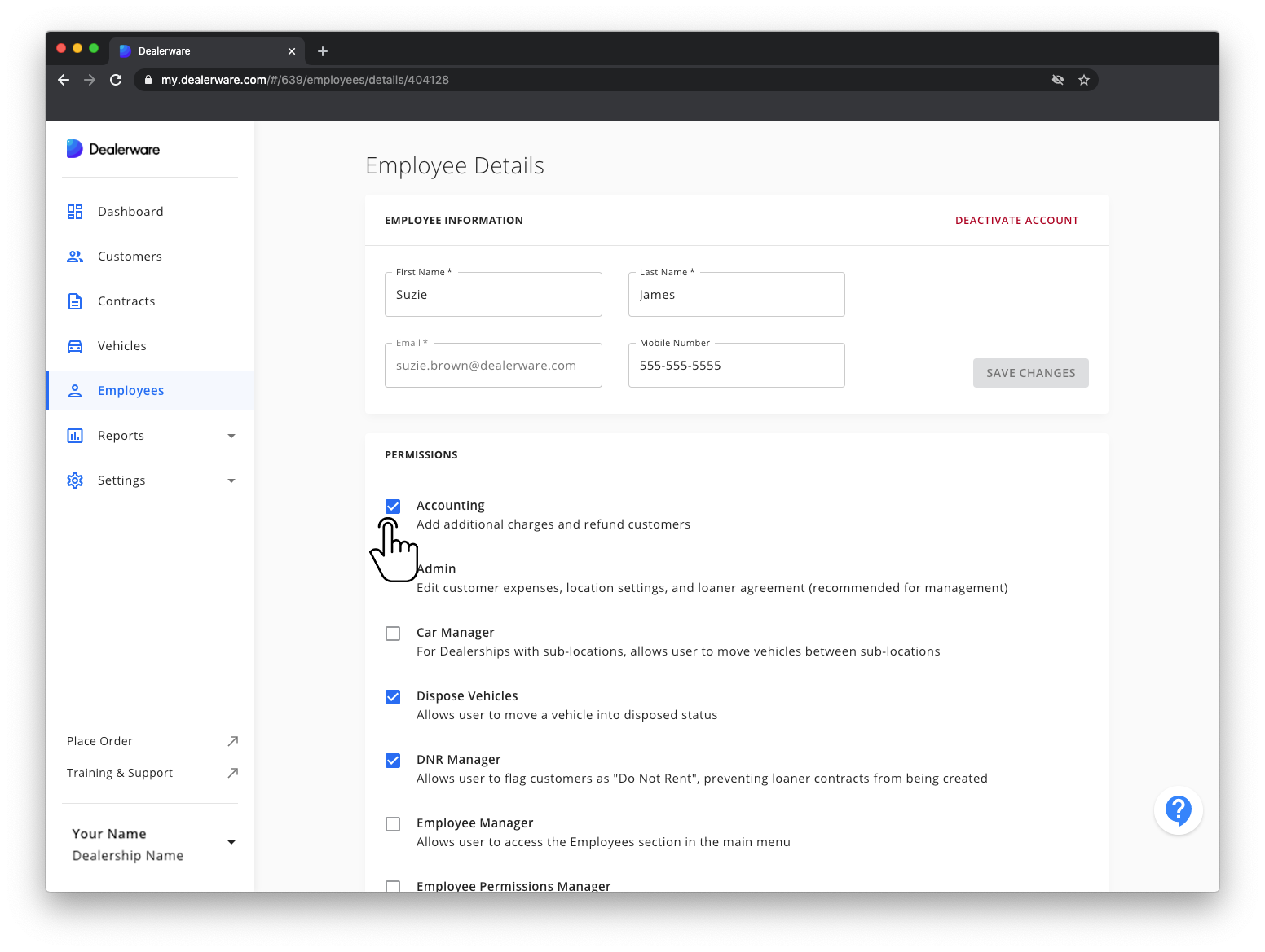 Image: Dealerware Contract Details screen and Main Menu, several permissions activated, fingertap icon positioned over Accounting permission button