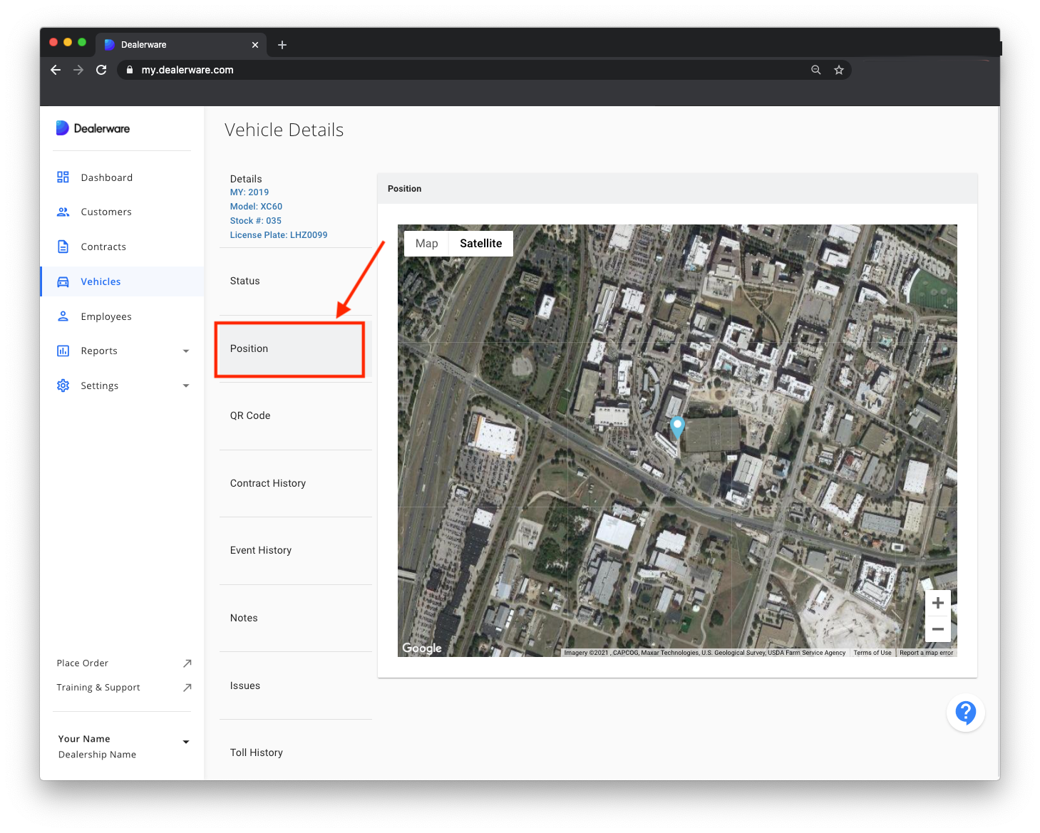 Image: Dealerware Vehicle Details screen and Main Menu, Position subsection, satellite view