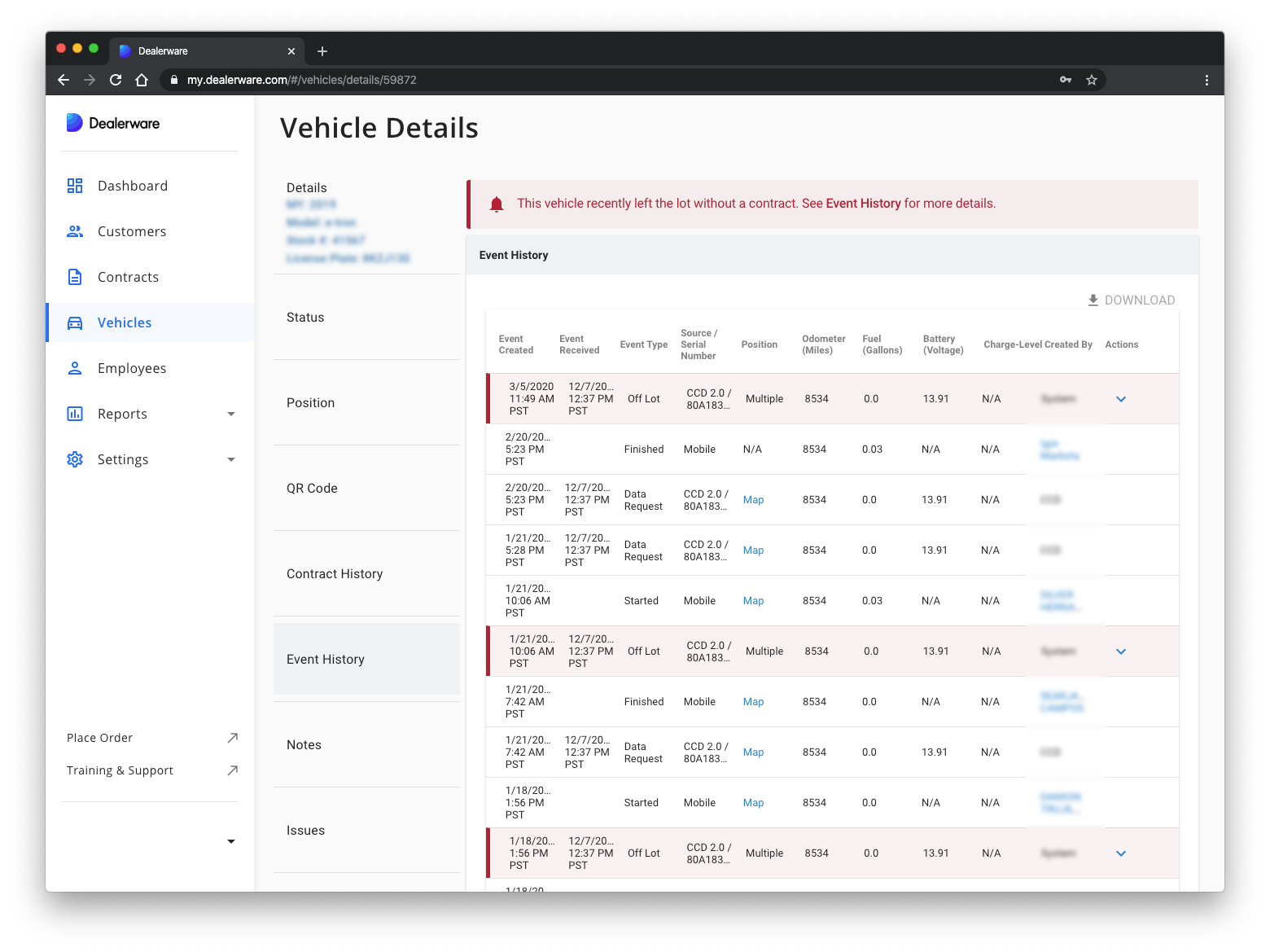 Image 3: Dealerware Vehicle Details screen and Main Menu, off-lot vehicles indicated in red