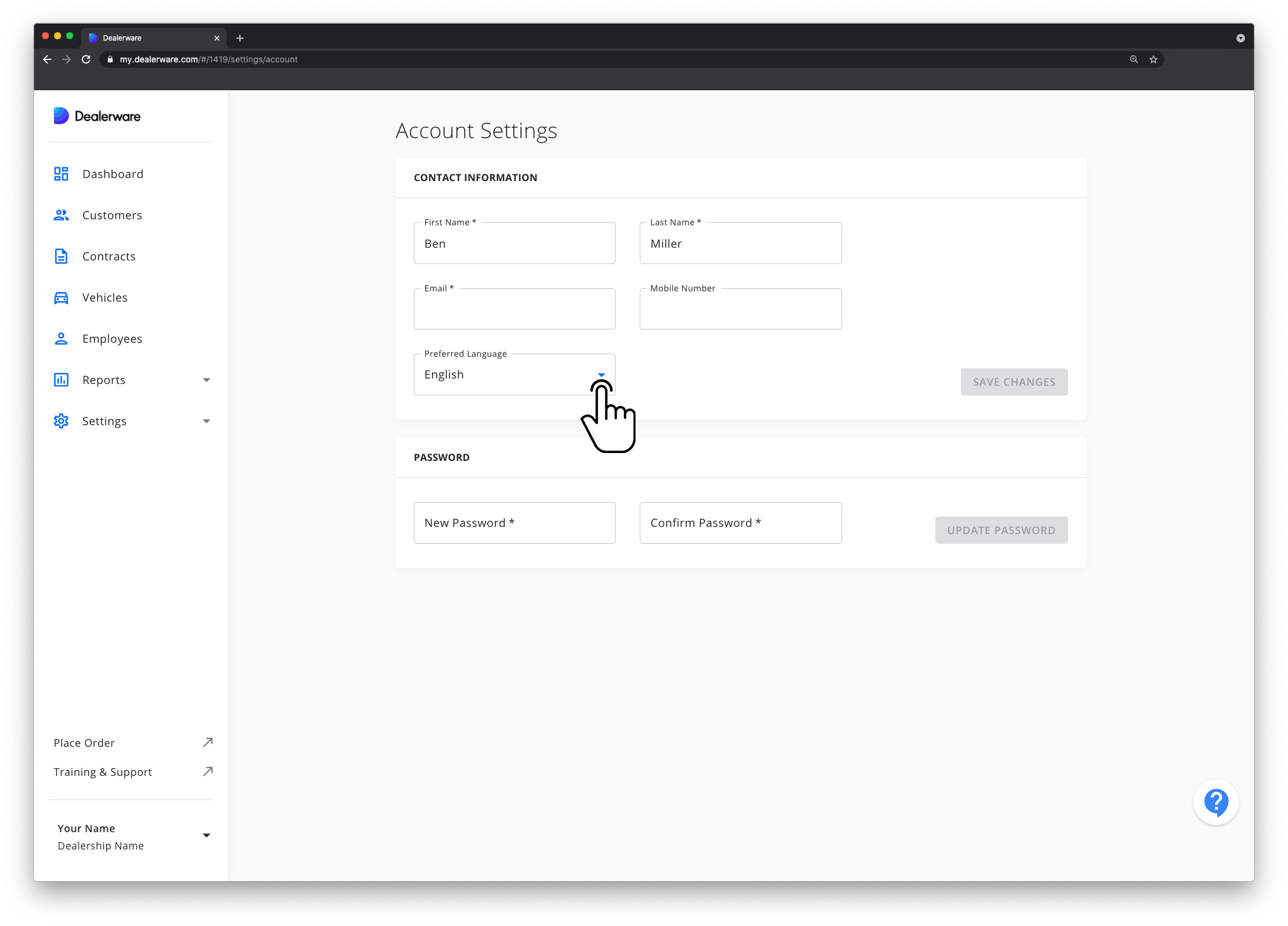 Image 3: Dealerware Account Settings screen and Main Menu, new password and confirm password information entered, fingertap icon positioned over Preferred Language drop-down