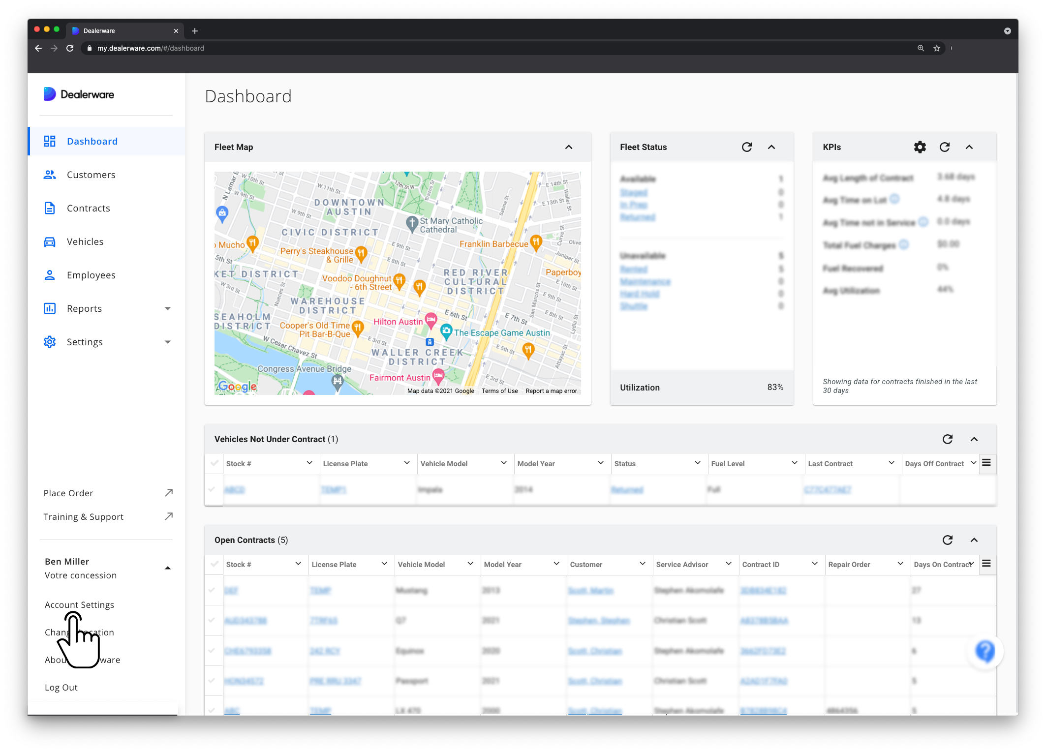 Image 2: Dealerware Dashboard and Main Menu, User Details drop-down, fingertap icon positioned over Account Settings option