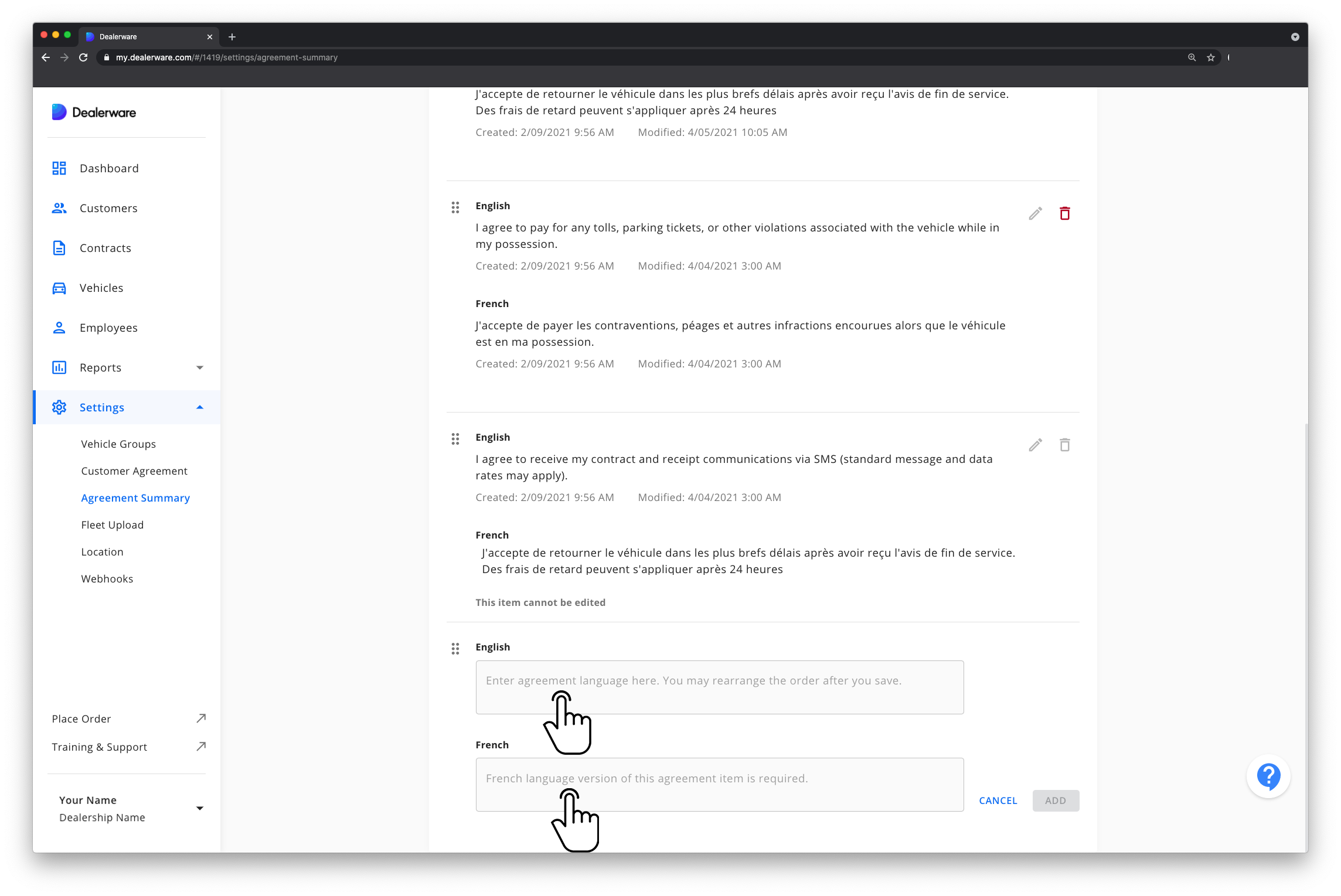 Image: Dealerware Agreement Summary and Main Menu, fingertap icon. positioned over English version of proviso, fingterap icon 2 positioned over French version of proviso