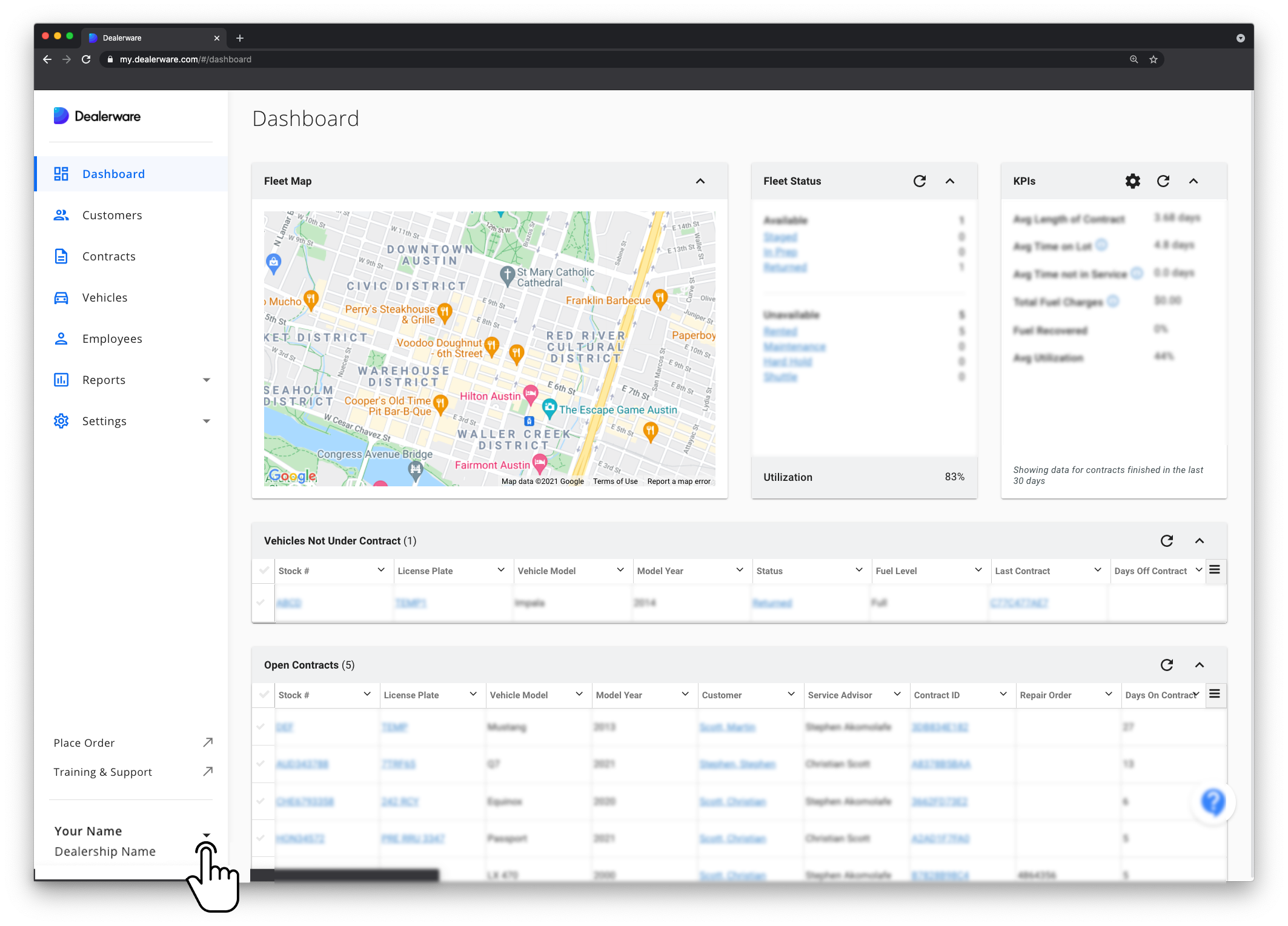 Image 1: Dealerware Dashboard and Main Menu, fingertap icon positioned over User Details arrow to the right of user name and location