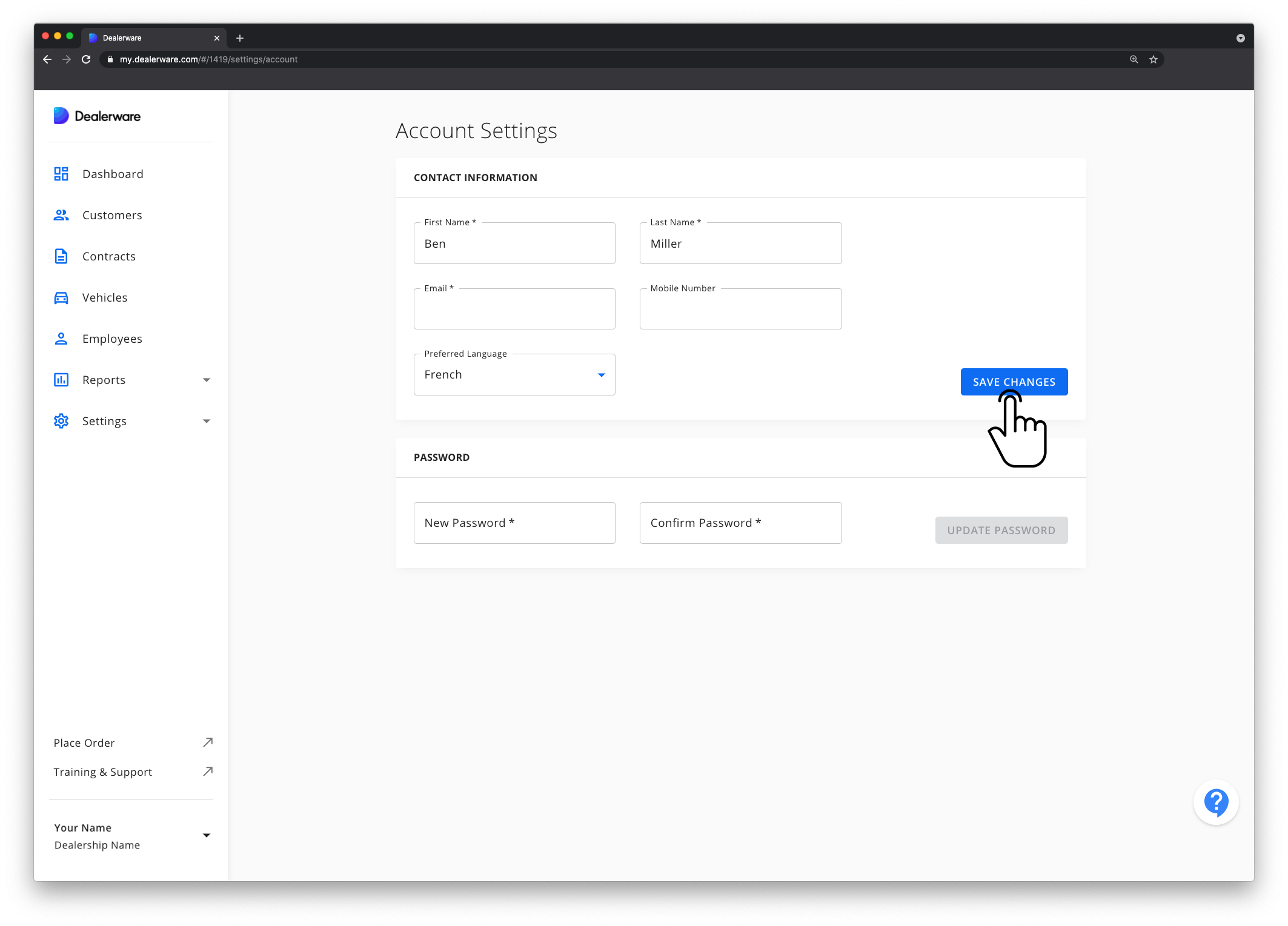 Image 4: Dealerware Account Settings screen and Main Menu, new language option chosen, fingertap icon positioned over Save Changes button