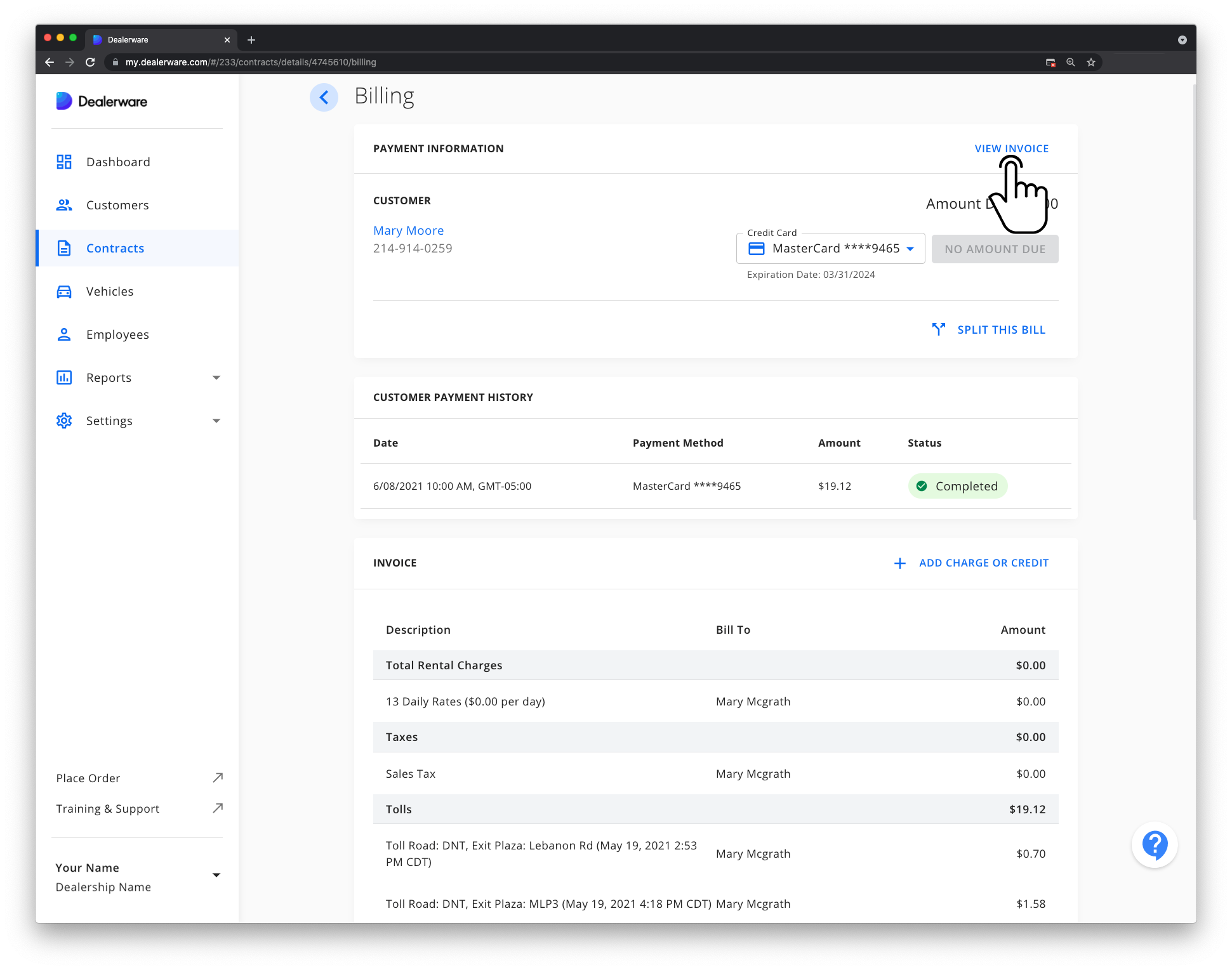 Image: Dealerware Billing screen and Main Menu, fingertap icon positioned over View Invoice button