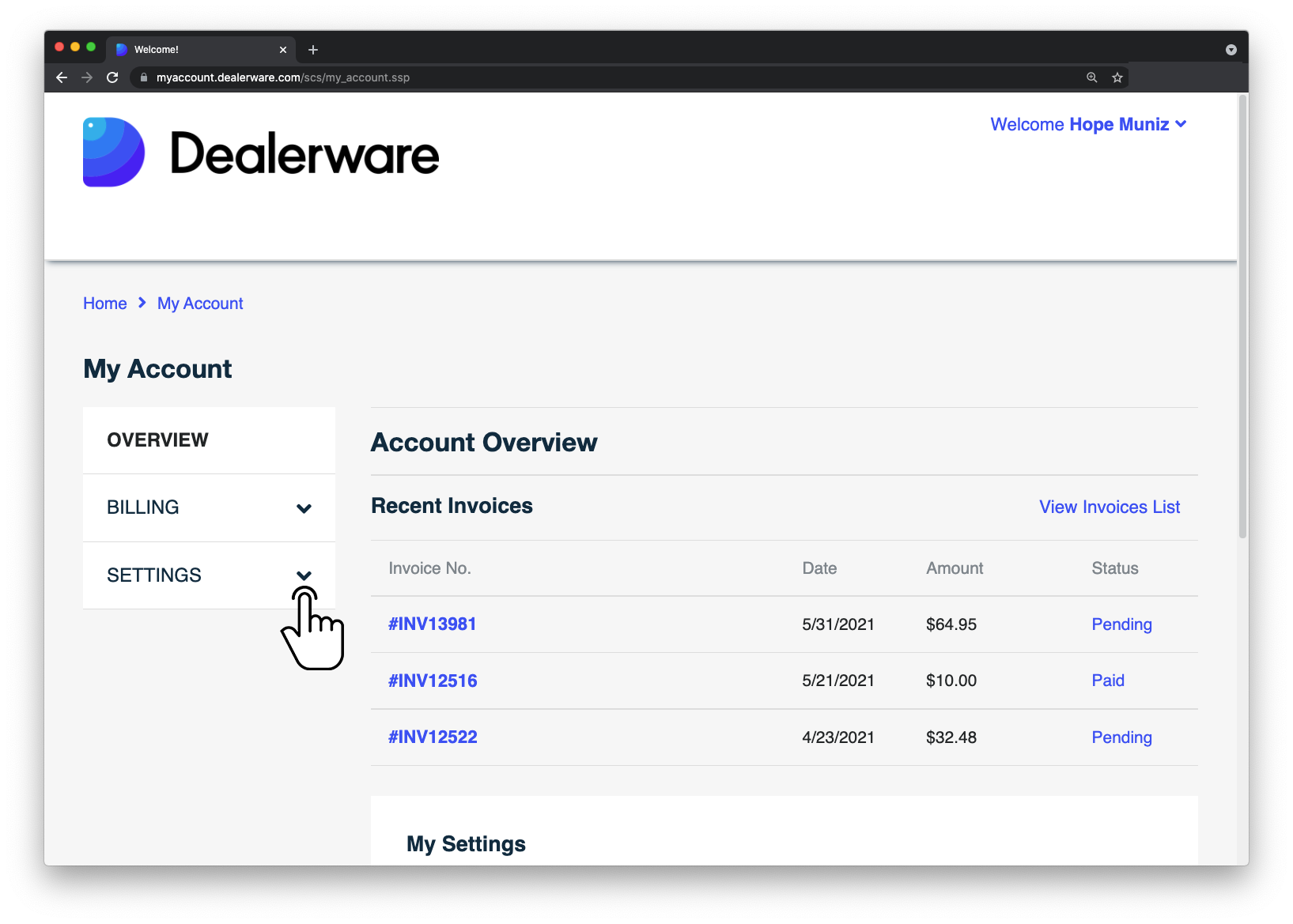Image 1: Dealerware MyAccount screen, fingertap icon positioned over Settings option in Overview drop-down