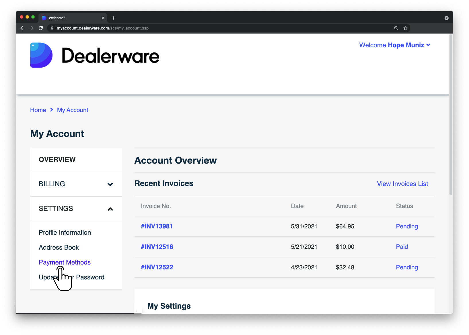 Image 2: Dealerware MyAccount screen, fingertap icon positioned over Payment Methods option under Settings option in Overview drop-down