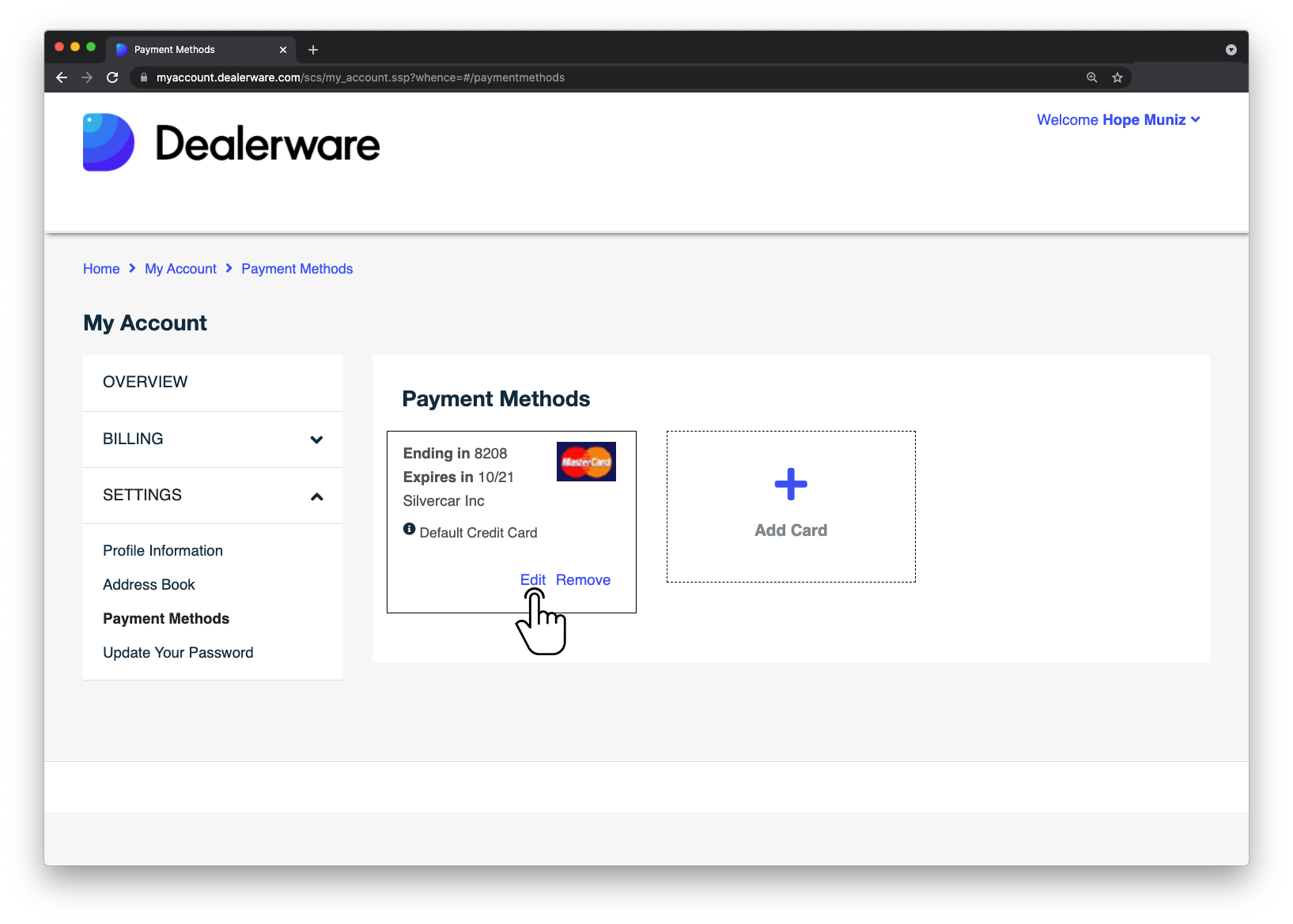 Image 7: Dealerware MyAccount screen, fingertap icon positioned over Edit button in Payment Methods screen