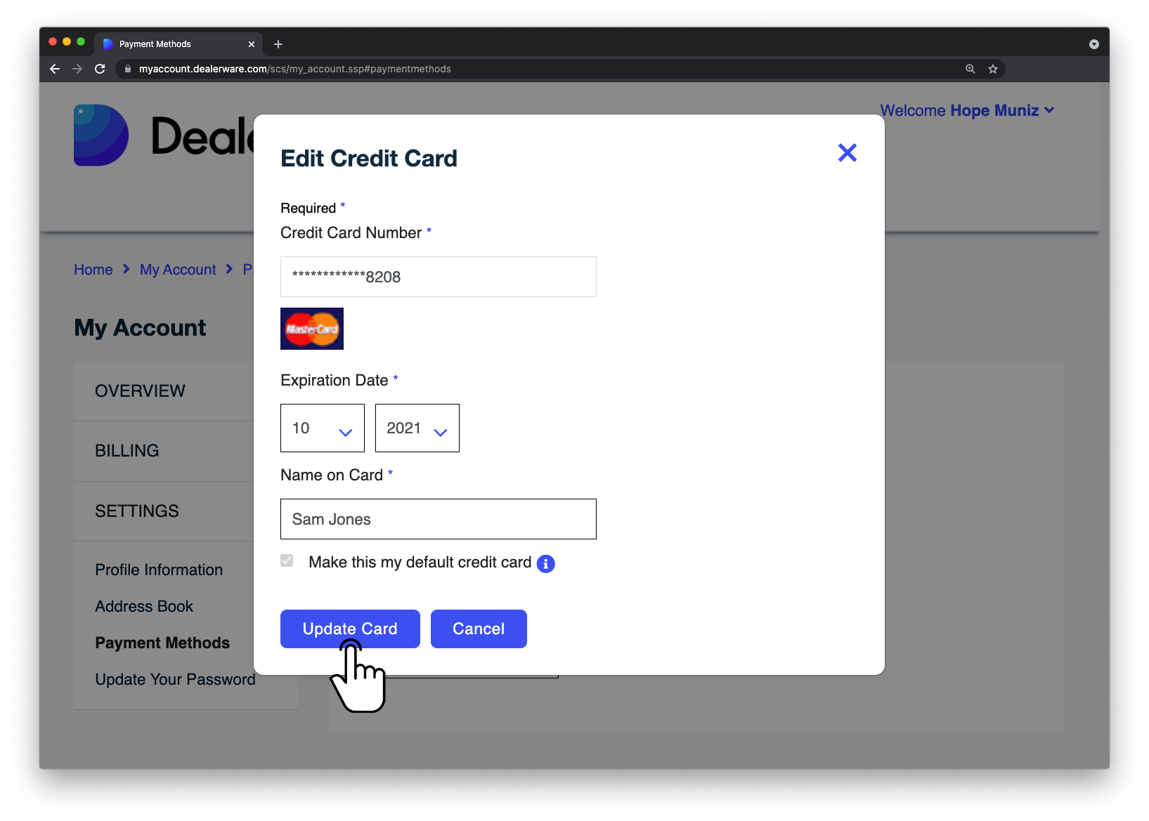 Image 8: Dealerware MyAccount screen, fingertap icon positioned over Update Card button in Edit Credit Card pop-up