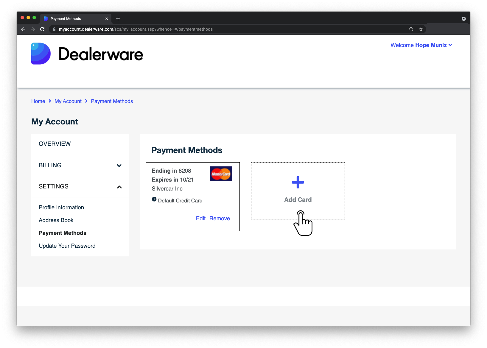 Image 3: Dealerware MyAccount screen, fingertap icon positioned over Add Card area in Payment Methods screen