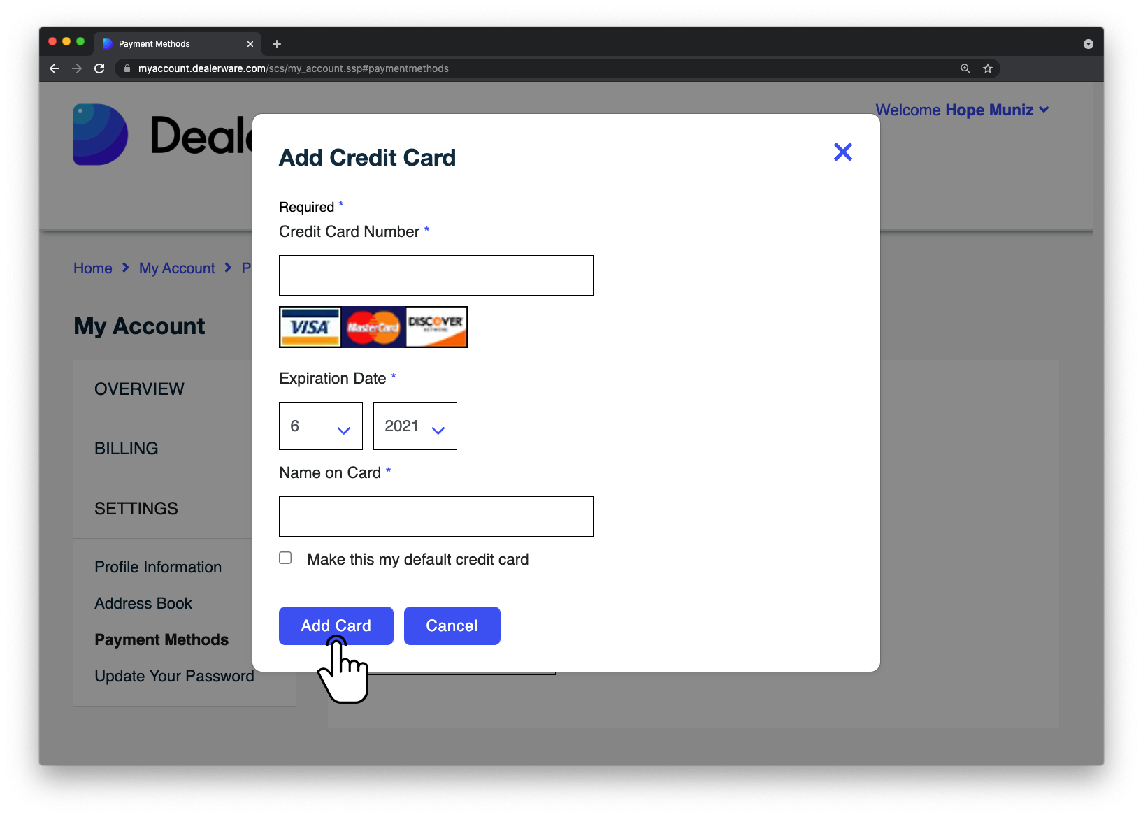 Image 4: Dealerware MyAccount screen, fingertap icon positioned over Add Card button in Add Credit Card pop-up