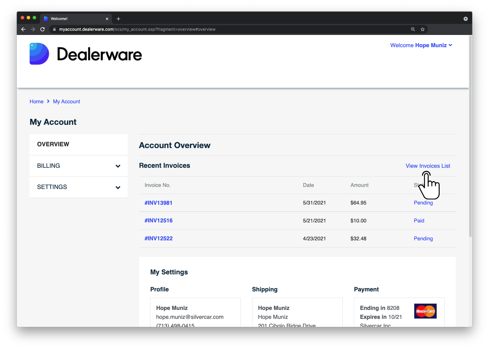 Image 6: Dealerware MyAccount screen, fingertap icon positioned over View Invoices List button in Recent Invoices section